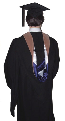 academic graduation hood, rear view, MBA masters, with graduation gown, mortarboard and tassel